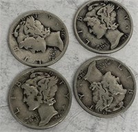 (4) Silver Mercury Head Dimes, 1944, 1943, 1942, 1