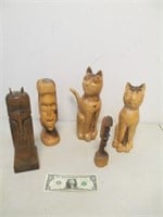 Nice Assortment of Wood Carved Cats & Human