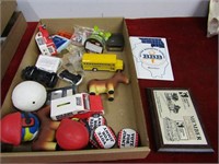 Flat of Misc. Advertising items. Buttons, sign, st