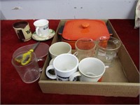 Assorted mugs, casserole dish w/lid.