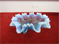 Blue opalescent carnival glass heart dish footed.