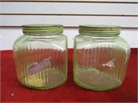 (2)Vintage Vaseline glass Hoosier cookie jars.