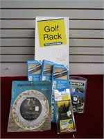 New items. Golf rack, saw blade, head lamp,
