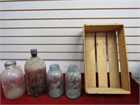 Wood crate, large blue ball jars, and more.