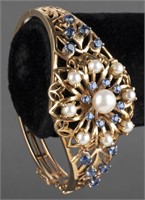 Vintage 14K Yellow Gold Pearl & Sapphire Bracelet