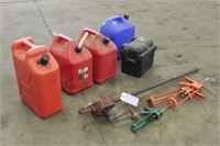 Oil Barrel Pump, (3) Caulk Guns, (4) Fuel Cans &