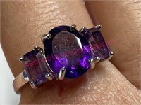 new sterling Purple amethyst 3-stone ring - sz 6