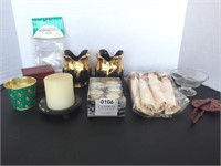 MISC ITEMS - CANDLES, CLOTH NAPKINS W/RINGS, ETC.