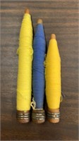 Wooden Spindles with yellow and blue thread. 10