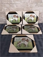 Five framed shimmery cow prints. 10 by 8 in.