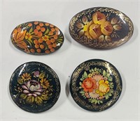 4 Beautiful Hand Painted Russian Brooches