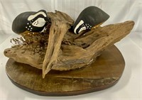 Pair of Hand Carved Quail on Driftwood