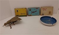 Vintage cigarette tins, brass fly ashtray