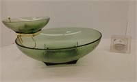 Vintage green glass chip and dip bowl set
