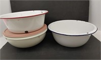 Enamelware wash basins, tupperware bowl