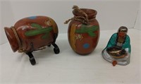 2 Mexican pottery pieces and 1 ceramic grandmother