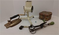 Vintage iron, hand mixer, food shredder, tin