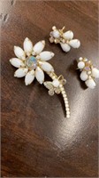 White & AB Stone daisy brooch & pierced earrings