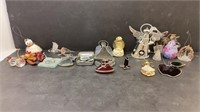 Box of Christmas ornaments, some religious, some
