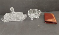 Glass butter dish, sugar dish and leather wallet