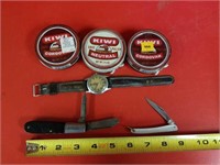 2 pocket knives, mans watch & tins