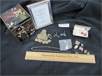 Group of pins, jewelry box, picture frame, etc.