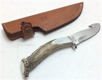 SILVER STAG ANTLER HANDLE BOWIE KNIFE WITH CASE
