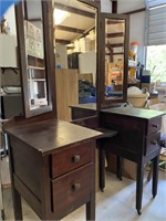 VINTAGE WOOD VANITY AND TRIPLE MIRROR