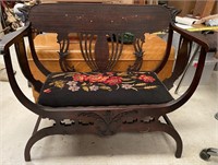 ANTIQUE BLACK WOOD SEAT EMBROIDERED BOTTOM