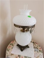 FENTON  MILK GLASS HOBNAIL LAMP WITH PRISMS -