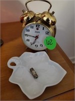 OLD WIND UP CLOCK AND LEAF TRAY