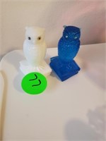 MILK GLASS AND BLUE GLASS OWL FIGURINE