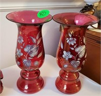 PAIR OF CRANBERRY PAINTED VASES