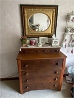 Antique Wood Dresser & Carved Oval Mirror