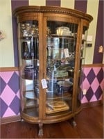 Antique Oak Curio Cabinet. Bowed Glass. Claw Feet