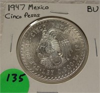 1947 BU MEXICO CINCO PESOS COIN