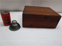 Dovetailed Wooden Box, Oil Can, & Sunbeam Comb &