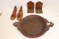 WOODEN COLLECTION PLATE, BOOKENDS AND SHOE