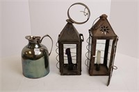 TWO TIN LANTERNS, AND PLATED PITCHER