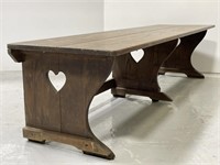 Long vintage wooden bench with heart cutout #2