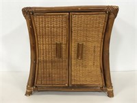Wicker and wood small storage cabinet