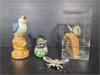 Glass & porcelain birds, butterfly and bee