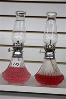TWO SMALL GLASS OIL LAMPS 9"
