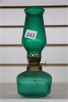 SMALL GREEN GLASS OIL LAMP WITH CHIMNEY 8"
