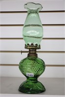 GREEN GLASS OIL LAMP WITH CHIMNEY 12"