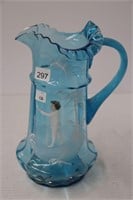 BLUE GLASS PAINTED MARY GREGORY PITCHER 10"