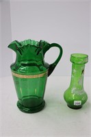 GREEN GLASS MARY GREGORY VASE AND GREEN PITCHER