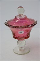 PINK GLASS CANDY DISH WITH LID 9"