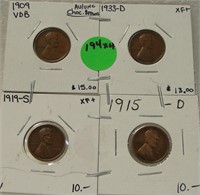 1909-VDB, 15-D, 19-S, 33-D LINCOLN WHEAT CENTS -4X