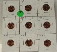 9 UNC LINCOLN WHEAT CENTS - 1957-58